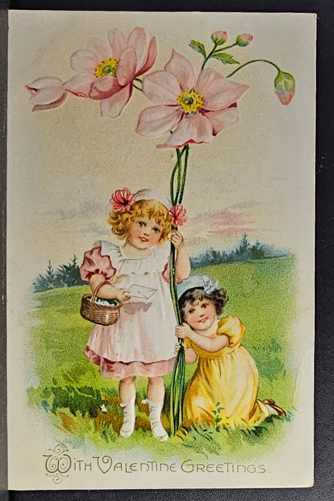 Valentine Postcard Raphael Tuck Pub No 11 Floral Missives Series Two Little Girls Holding Large Pink Flower