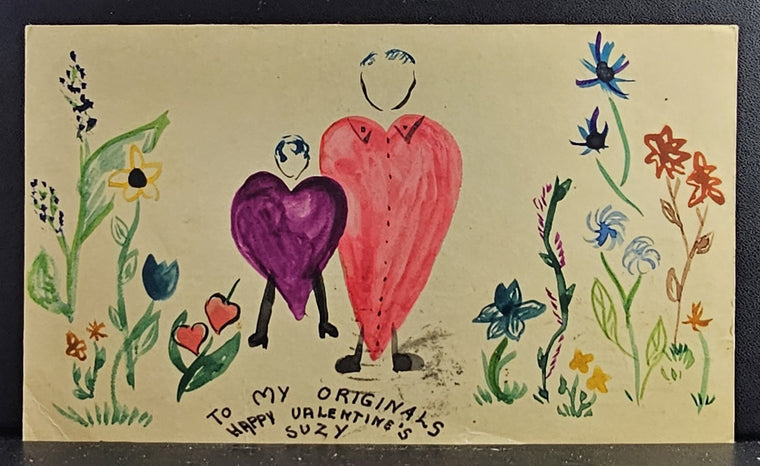 Valentine Postcard Hand Drawn Card with Couple & Flowers