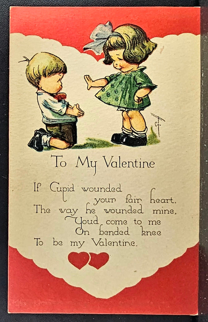 Valentine Postcard Artist Charles Twelvetrees Little Girl with Boy Kneeling Rhyme Underneath