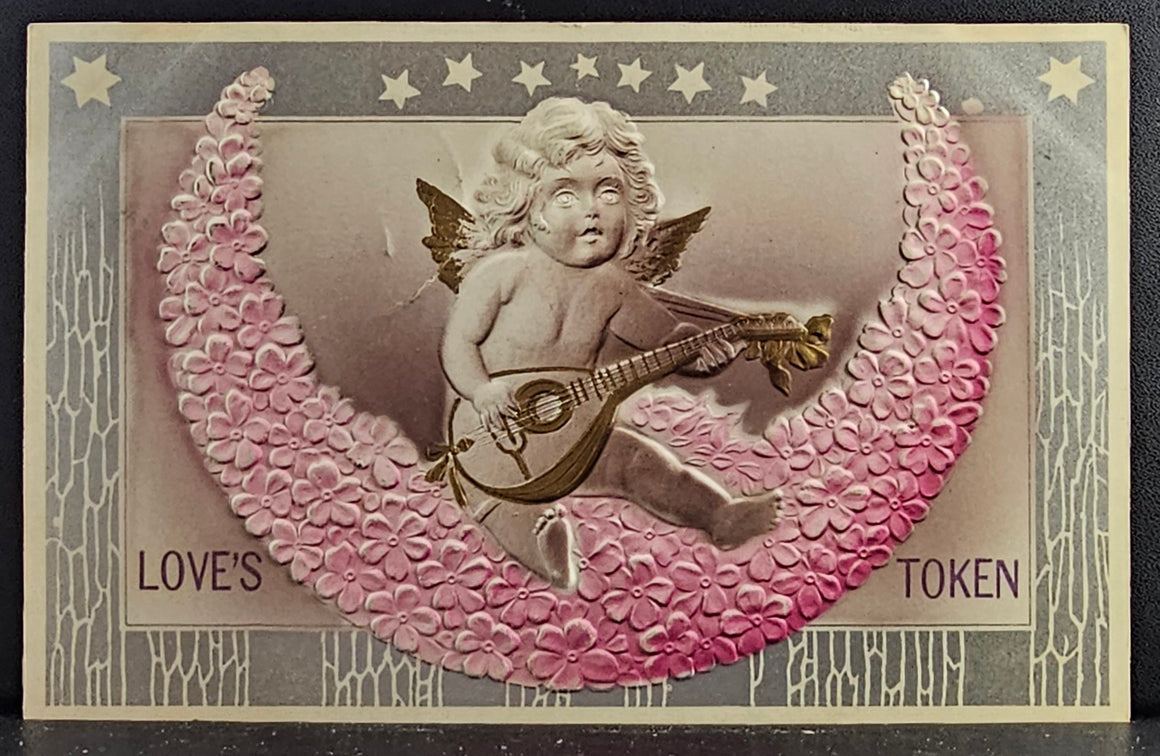 Valentine Postcard Cupid Playing Mandolin on Flower Moon Airbrushed Pink and Monochromatic