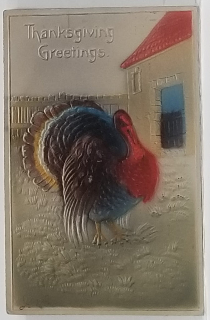 Thanksgiving Postcard Air Brush Painted Turkey in Barnyard Made in Germany