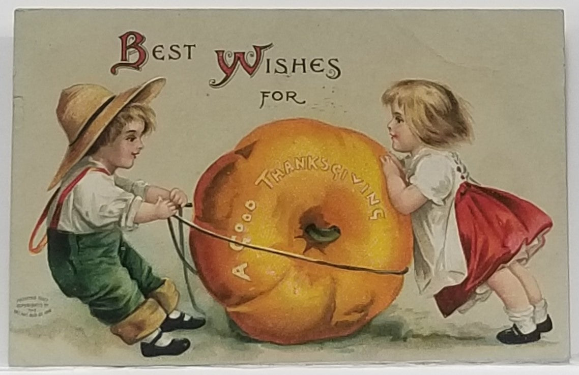 Thanksgiving Postcard Two Children Pulling Giant Pumpkin Artist Ellen Clapsaddle IAP