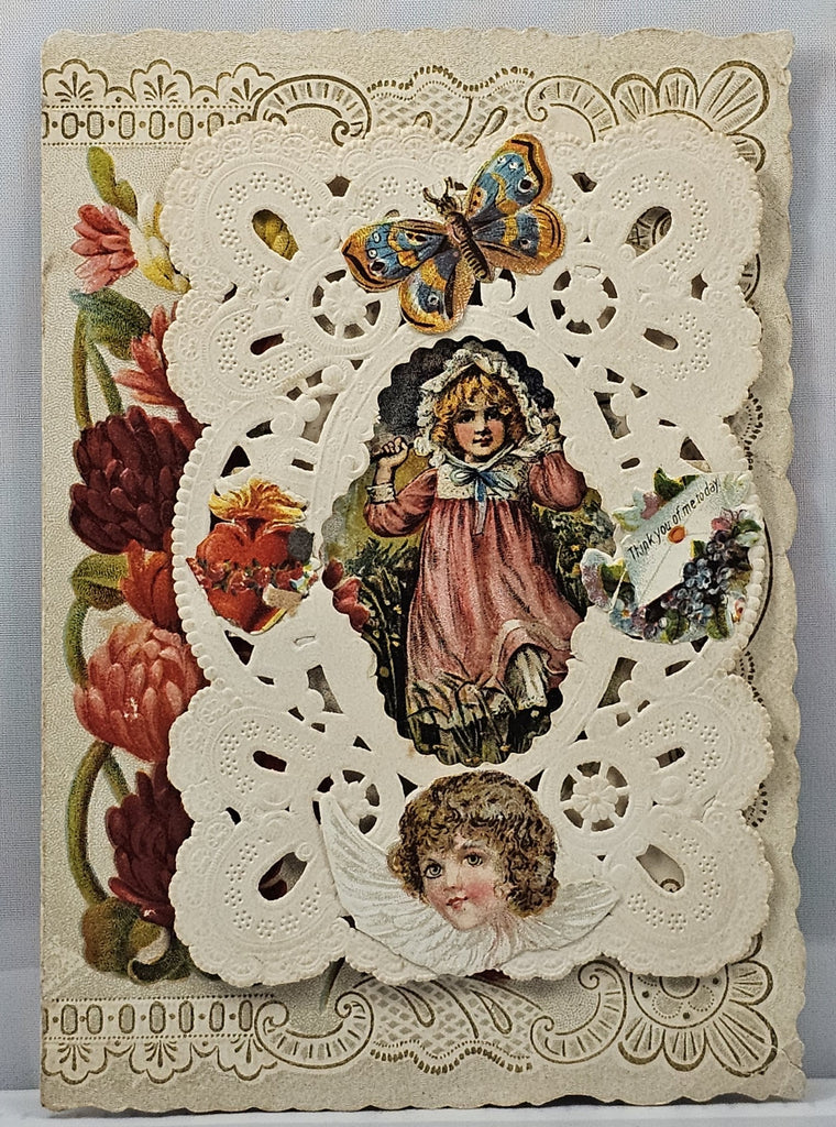 Antique Die Cut Valentine Card Heavy Cardstock with Applied Paper Lace with Little Girls Applied Victorian Scrap and Poem