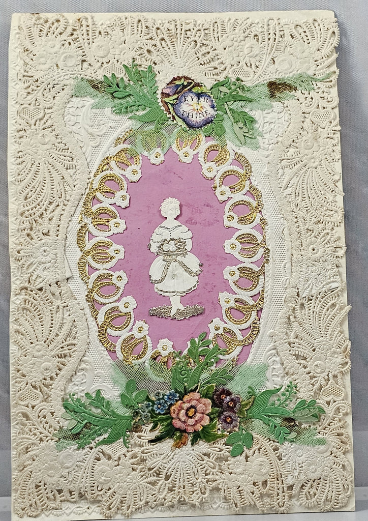 Antique Die Cut Valentine Card Early Pre Civil War Period Paper Lace with Gold Foil Girl with Flowers