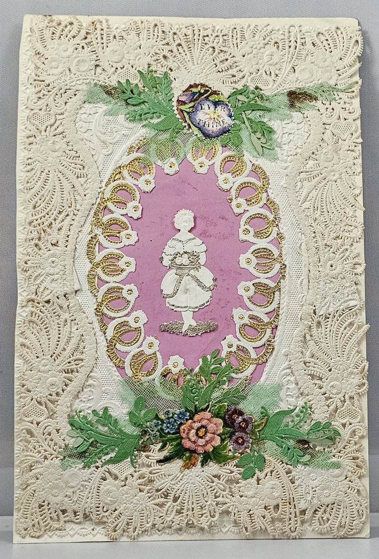 Antique Die Cut Valentine Card Early Pre Civil War Period Paper Lace with Gold Foil Girl with Flowers