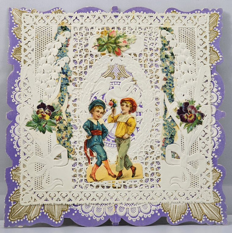 Antique Die Cut Paper Lace Embossed Valentine Card Purple & Gold with Victorian Scrap and Poem