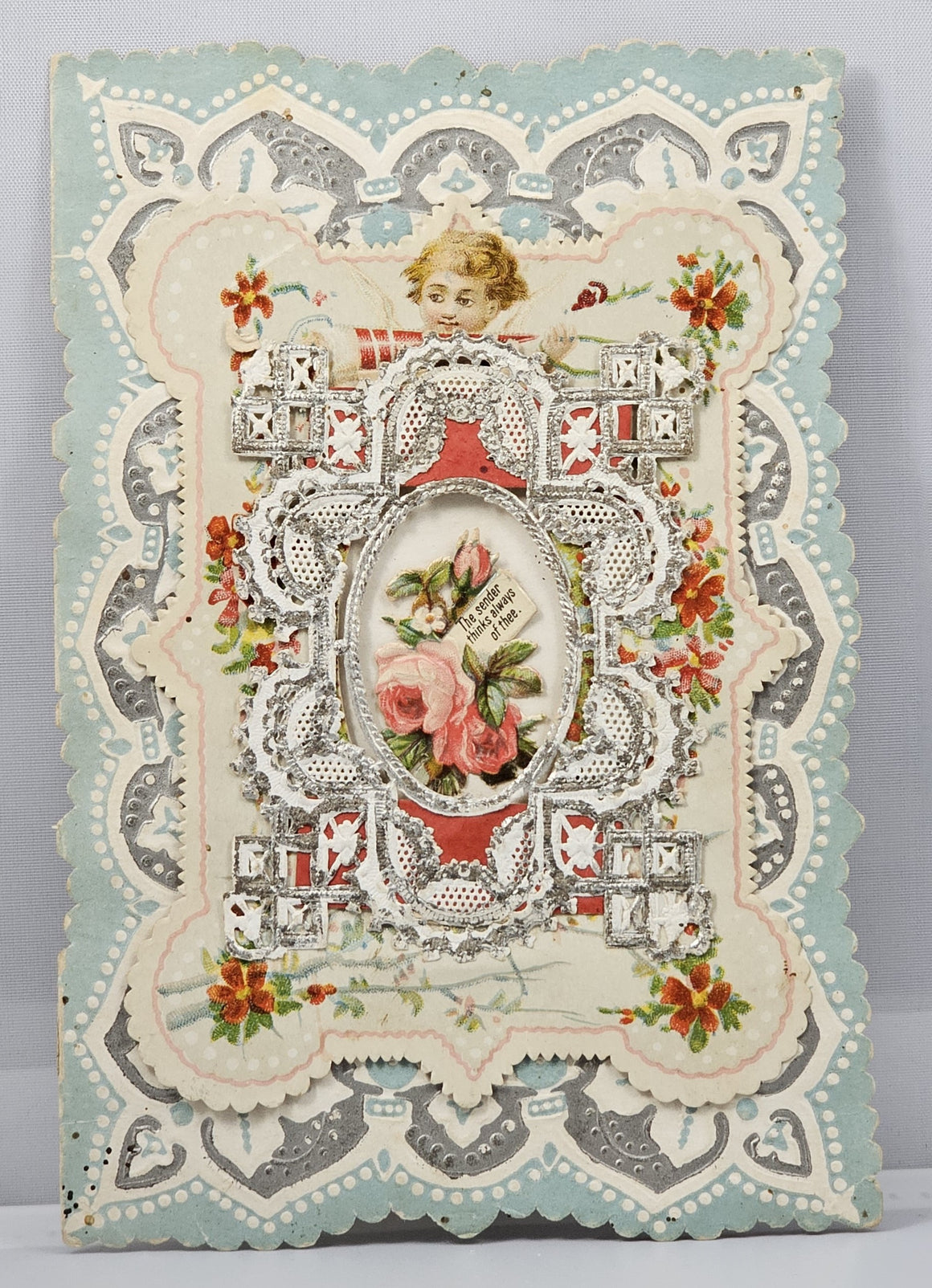 Antique Die Cut Valentine Card Paper Lace with Silver Embossing and Foil Applied Victorian Scrap