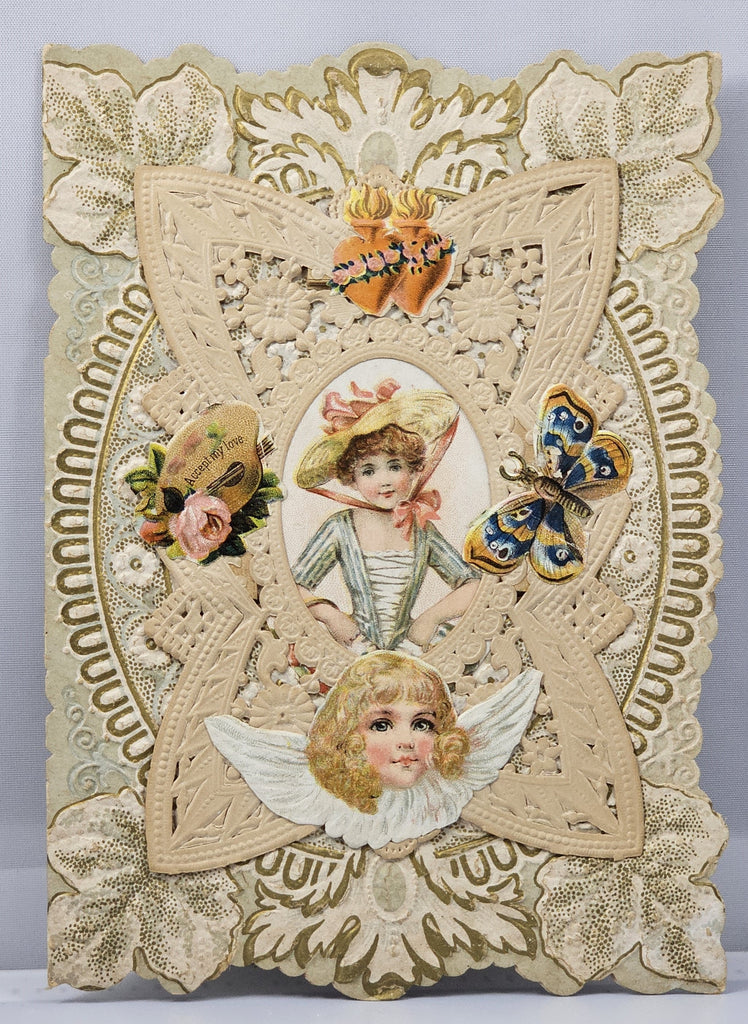 Antique Die Cut Valentine Card 1900s Paper Lace with Applied Angels and Girl Poem on Interior