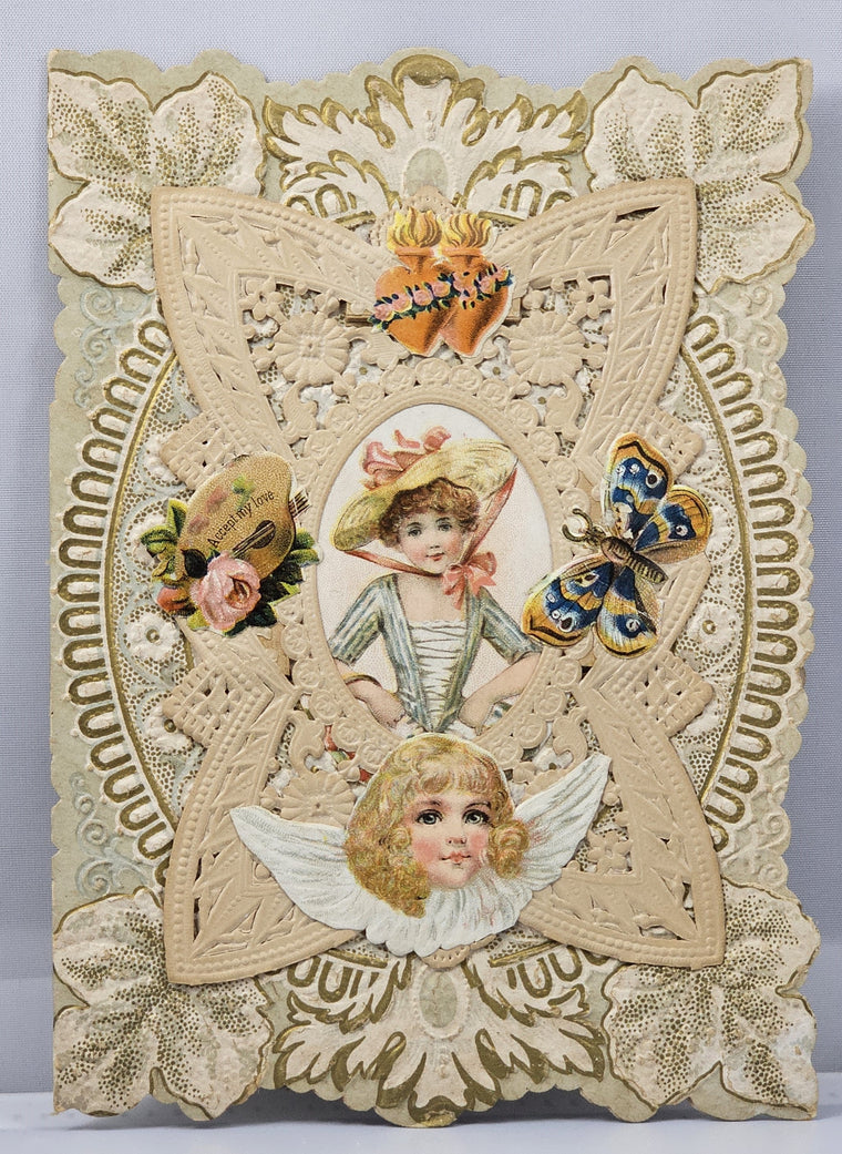 Antique Die Cut Valentine Card 1900s Paper Lace with Applied Angels and Girl Poem on Interior