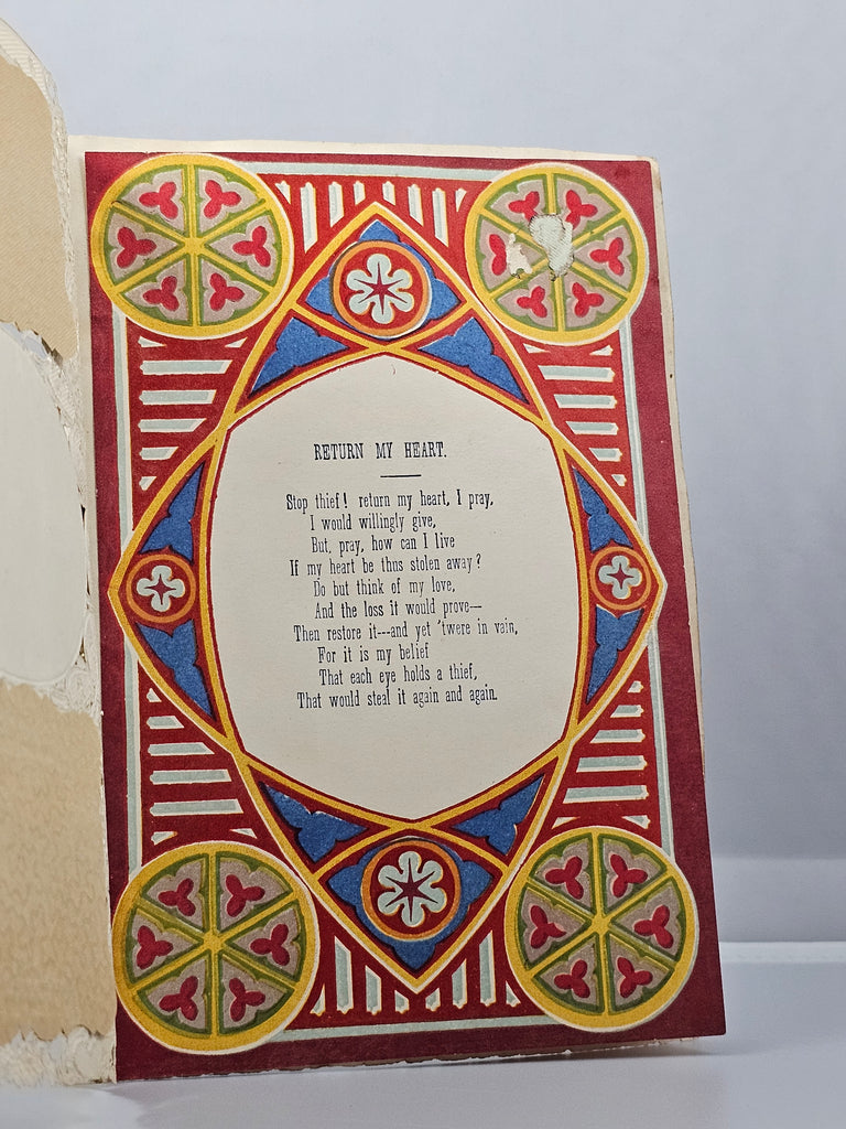 Antique Die Cut Valentine Card 1800s Paper Lace with Gold Foil Interior Poem on Colored Paper