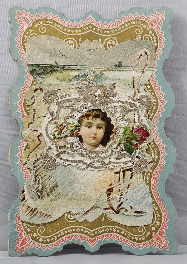 Antique Die Cut Valentine Card 1900s Paper Lace with Silver Embossing Portrait of Girl with Ocean & Ships