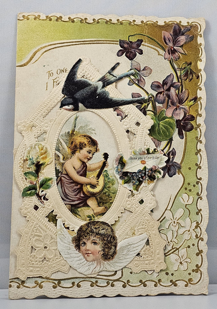 Die Cut Antique Valentine Card with Paper Doily Lace Victorian Era 1800s Cupids and Birds Chromolithograph