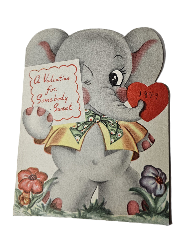 Vintage Hallmark Valentine 1949 Elephant in Jacket Holding Heart Card