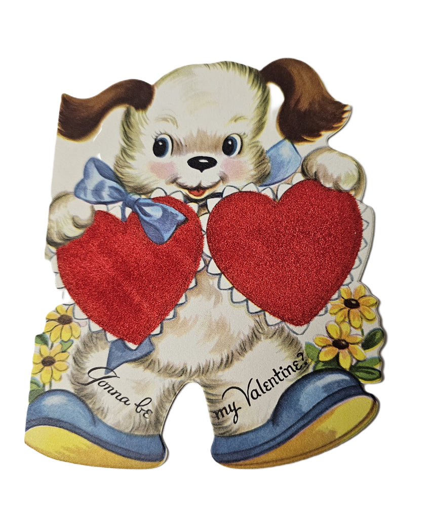 Vintage 1950s Valentine of Puppy Dog Holding a Pair of Hearts with Textured Cloth by Whitman