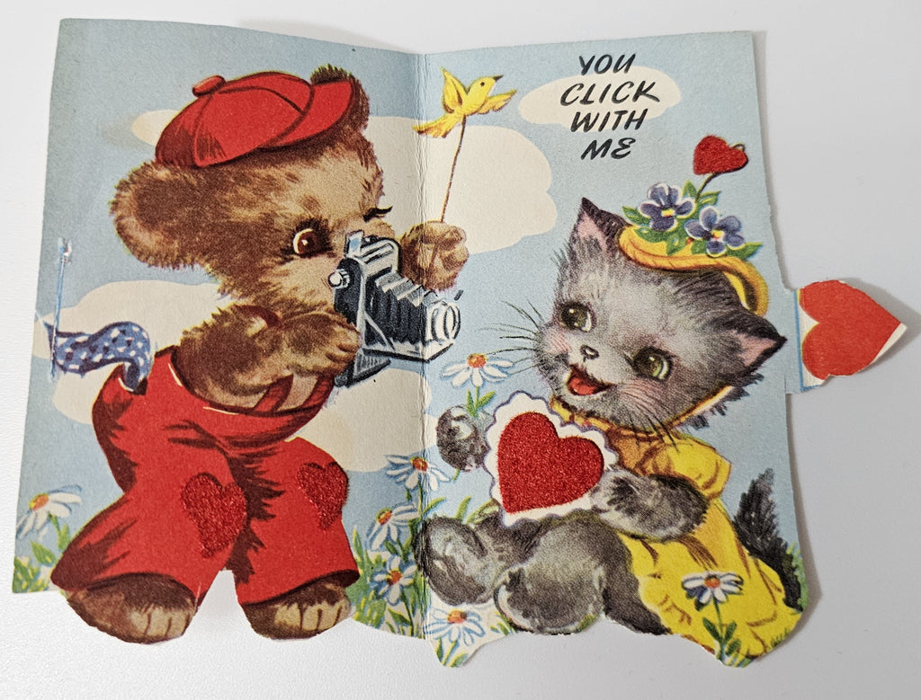 Vintage 1950s Valentine Card Teddy Bear Taking Picture of Kitten with Applied Fabric Type Hearts