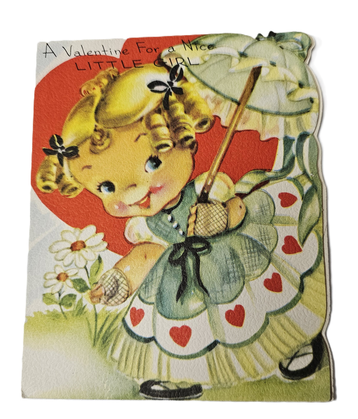 Vintage 1950s Valentine Card Little Girl with Blonde Pigtails Wearing Heart Covered Dress Running in Daisies with a Parasol in Hand