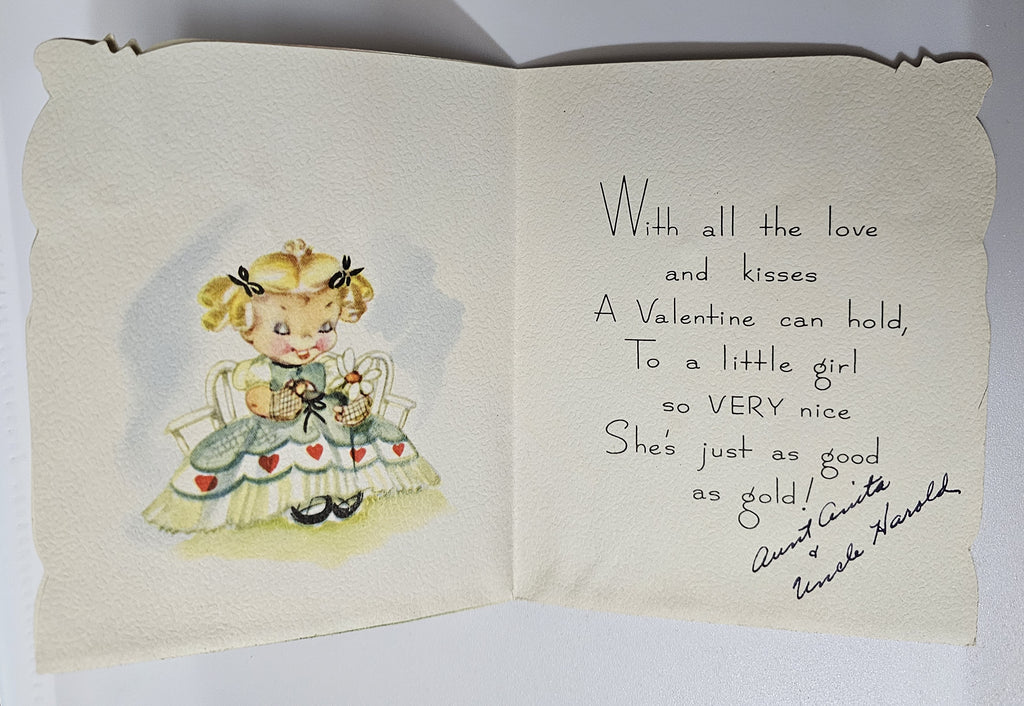 Vintage 1950s Valentine Card Little Girl with Blonde Pigtails Wearing Heart Covered Dress Running in Daisies with a Parasol in Hand