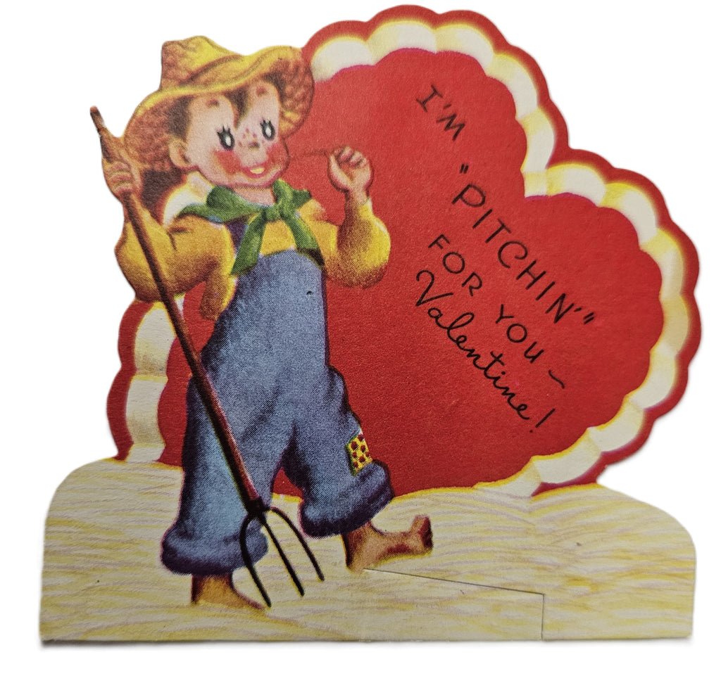 Vintage 1950s Valentine Card Little Farmer Boy in Overalls & Straw Hat Carrying Pitchfork Walking Barefoot in Hay "I'm Pitchin' For You"