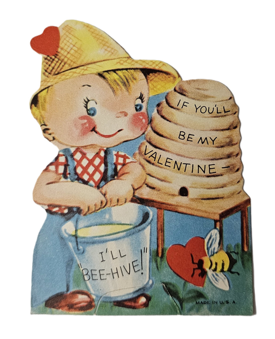 Vintage 1950s Valentine Card Little Farmer Beekeeper Boy in Overalls & Straw Hat Tending the Bees Collecting Honey "I'll Bee Hive"