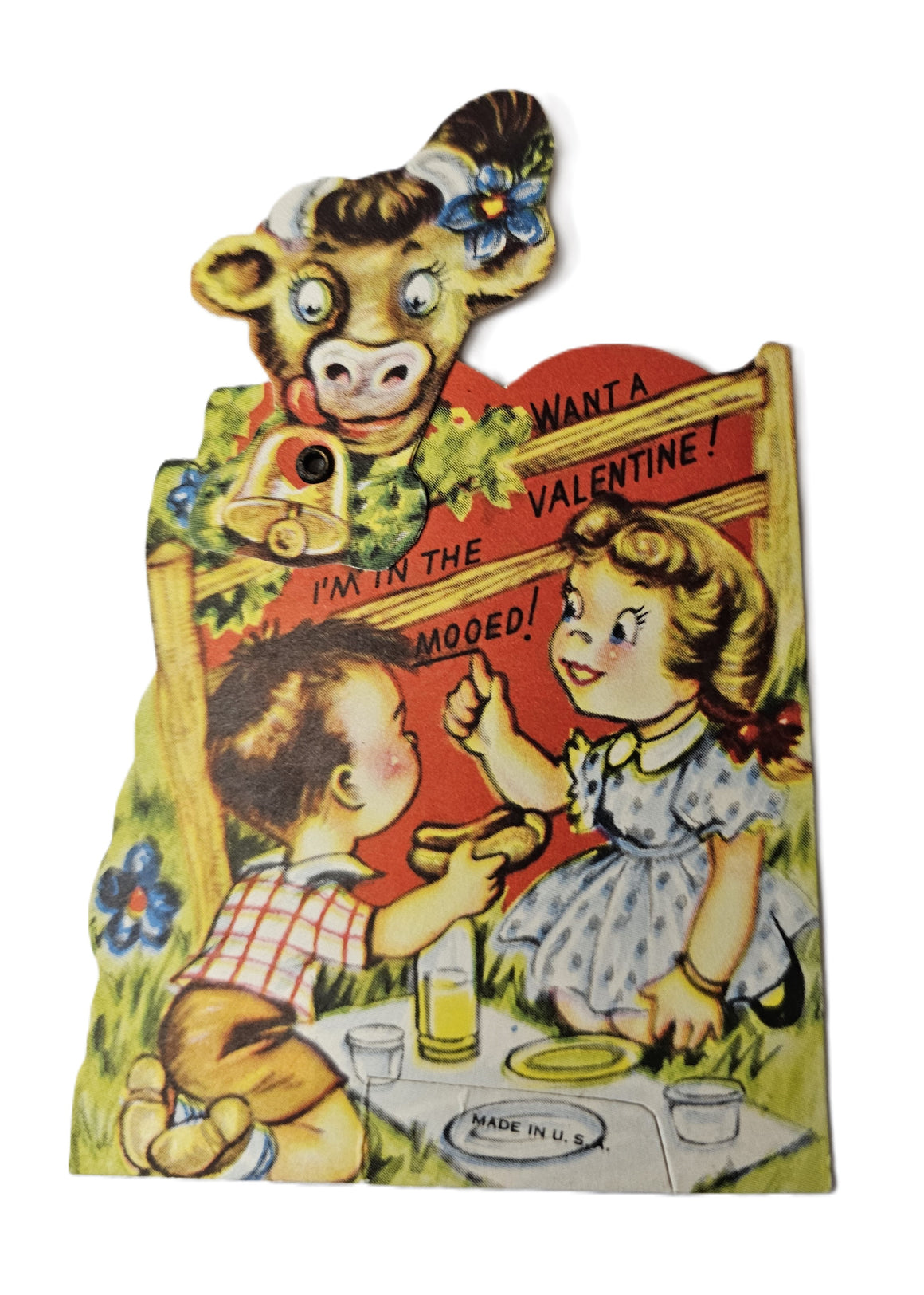 Vintage 1950s Mechanical Valentine Card Little Boy and Girl Having Picnic While Cow with Bell Peeks Over