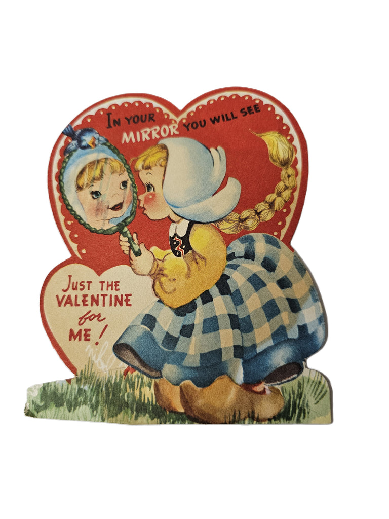 Vintage 1950s Valentine Card Little Dutch Girl in Clogs Looking in Mirror American Greetings Pub