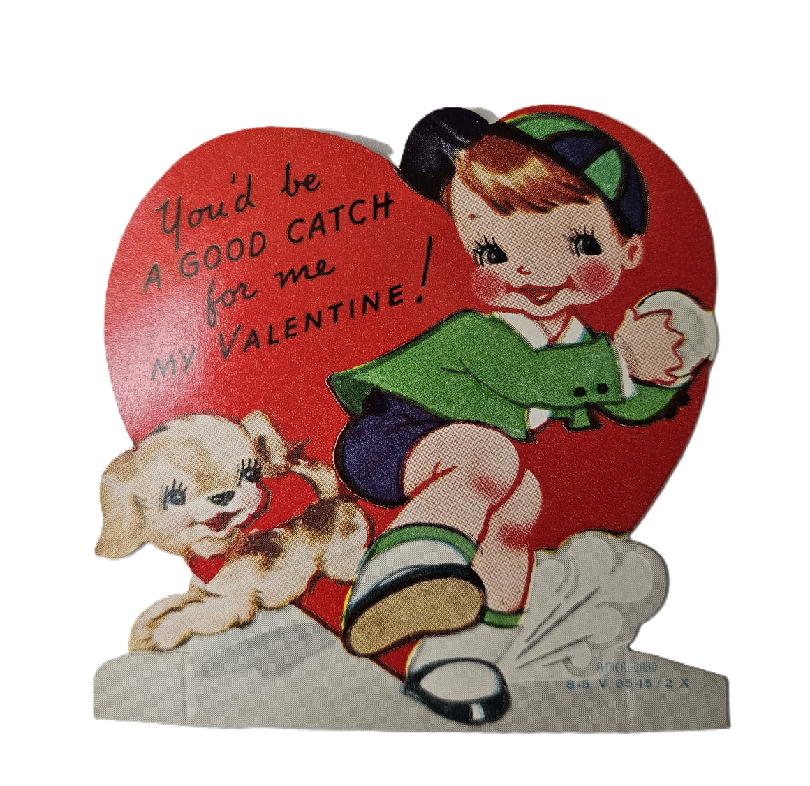 Vintage 1950s Valentine Card Little Boy Playing Catch with Puppy Dog
