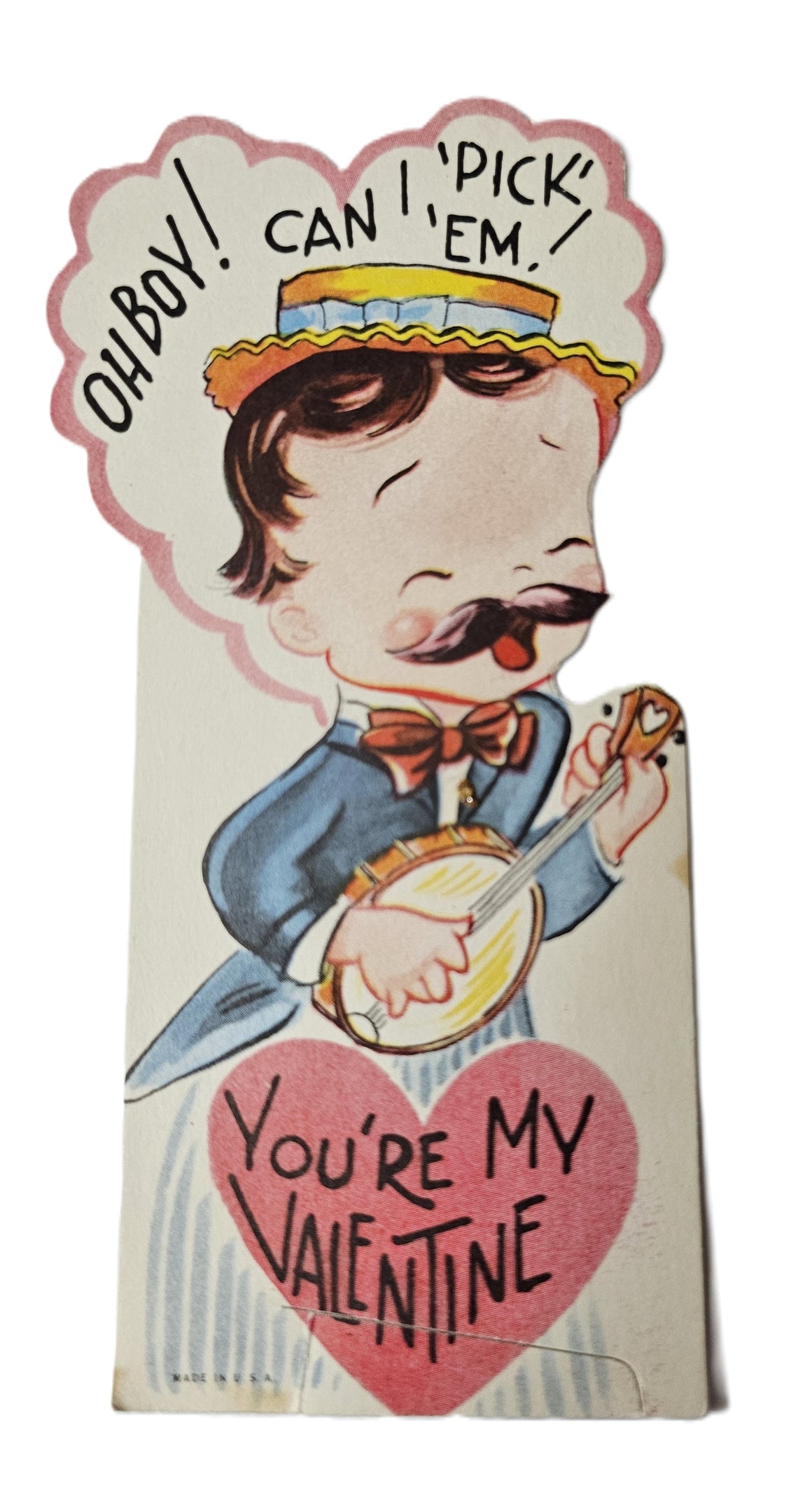 Vintage 1950s Valentine Card Man Playing Banjo "Oh Boy Can I Pick Em"