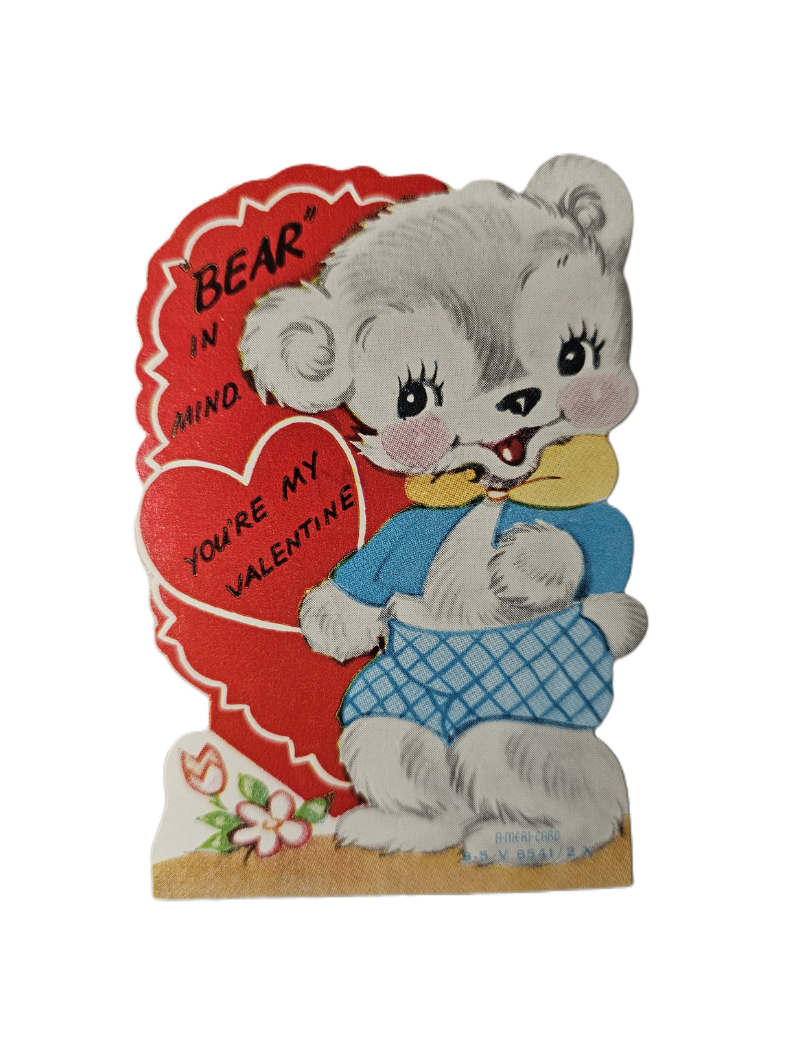 Vintage 1950s Valentine Card Teddy Bear in Suit with Hearts