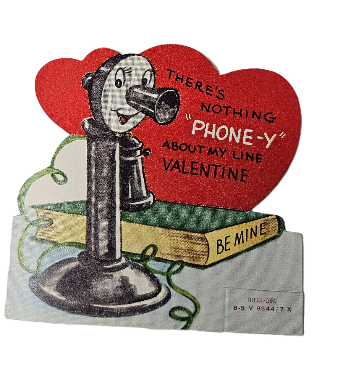 Vintage 1950s Valentine Card Anthropomorphic Candlestick Telephone