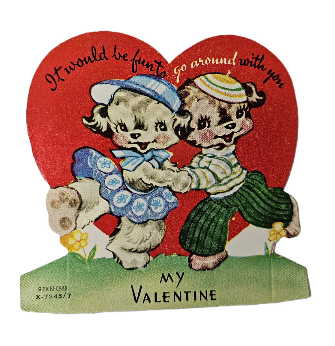 Vintage 1950s Valentine Card Dancing Dogs "It Would Be Fun To Go Around You"