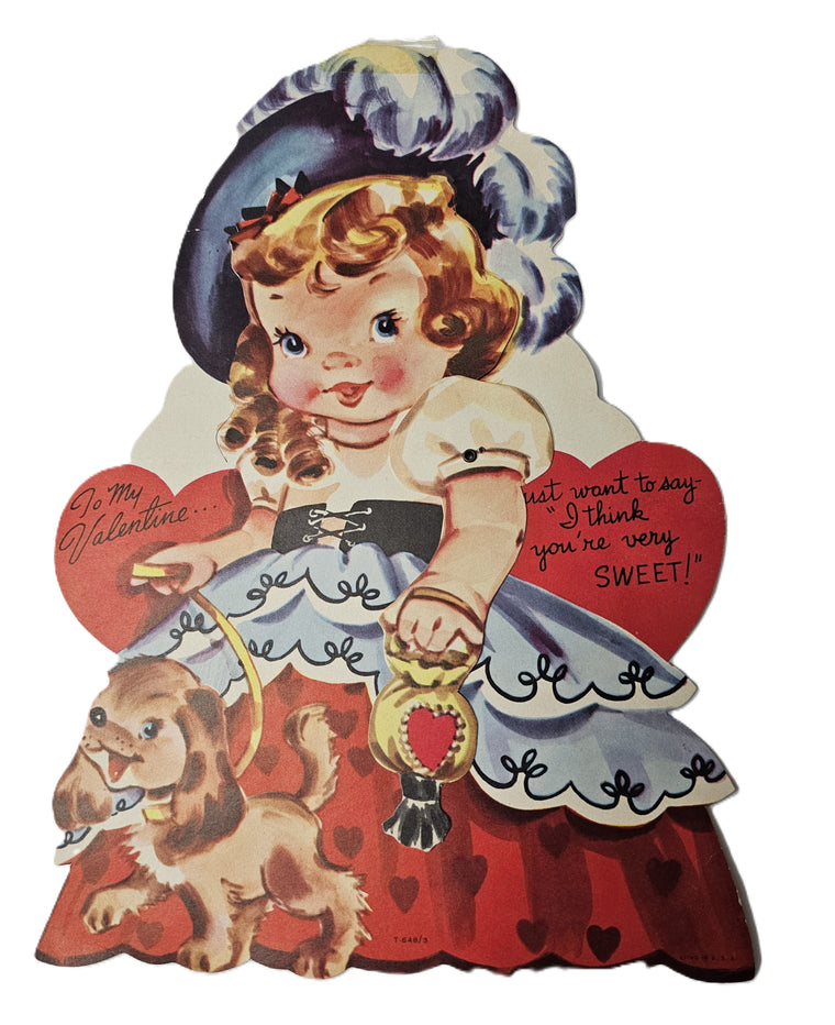 Vintage Die Cut Valentine Card Little Girl in Big Dress Walking Her Dog