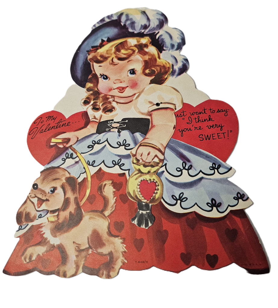 Vintage Die Cut Valentine Card Little Girl in Big Dress Walking Her Dog