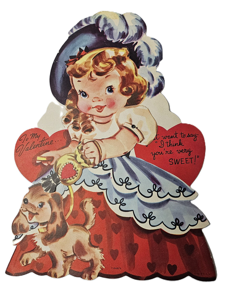 Vintage Die Cut Valentine Card Little Girl in Big Dress Walking Her Dog