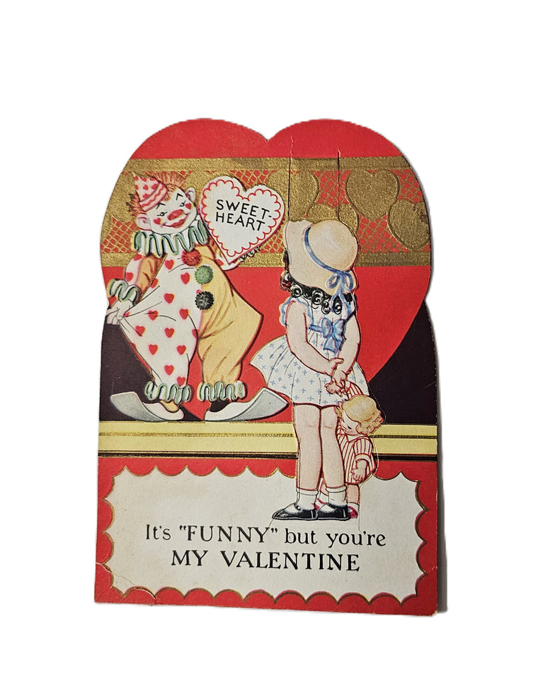 Vintage Die Cut Valentine Card Little Girl Watching Clown on Stage Red Gold Heart Background