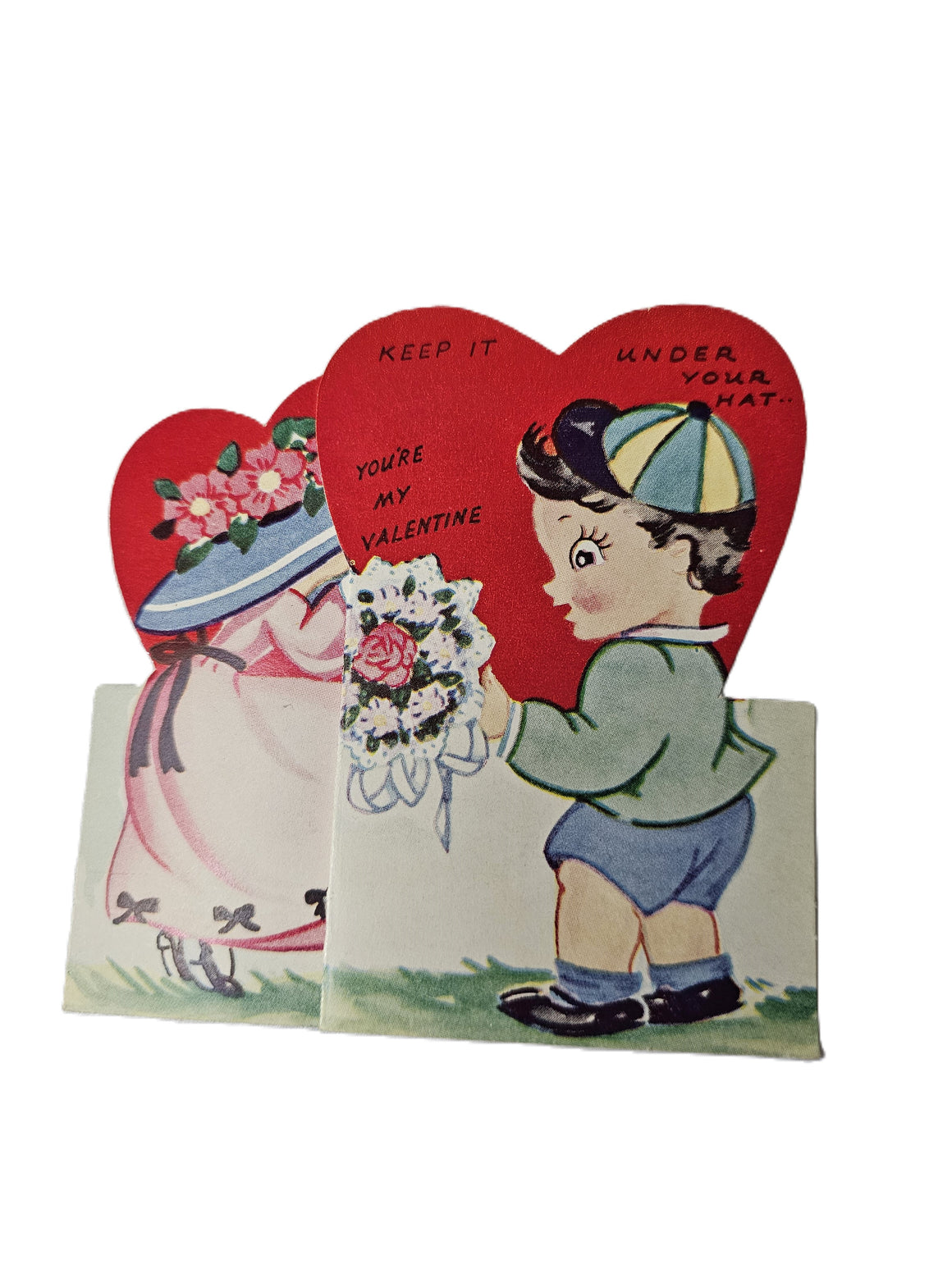 Vintage Die Cut Valentine Card Little Boy Giving Flowers to Surprised Little Girl