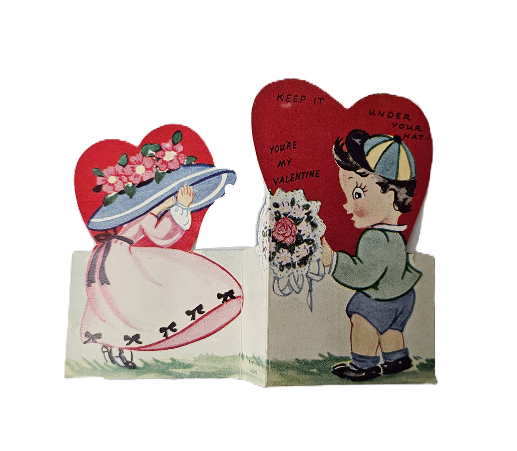 Vintage Die Cut Valentine Card Little Boy Giving Flowers to Surprised Little Girl