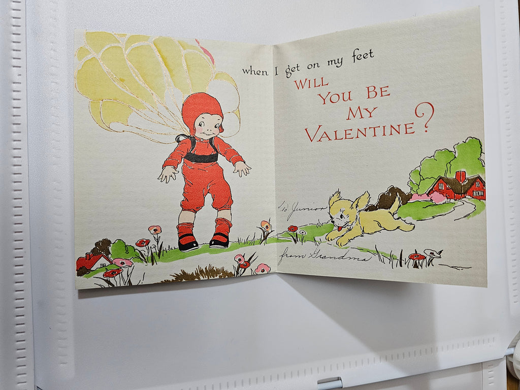 Vintage Die Cut Valentine Card Little Boy Skydiving Landing Next to Dog Davis Pub