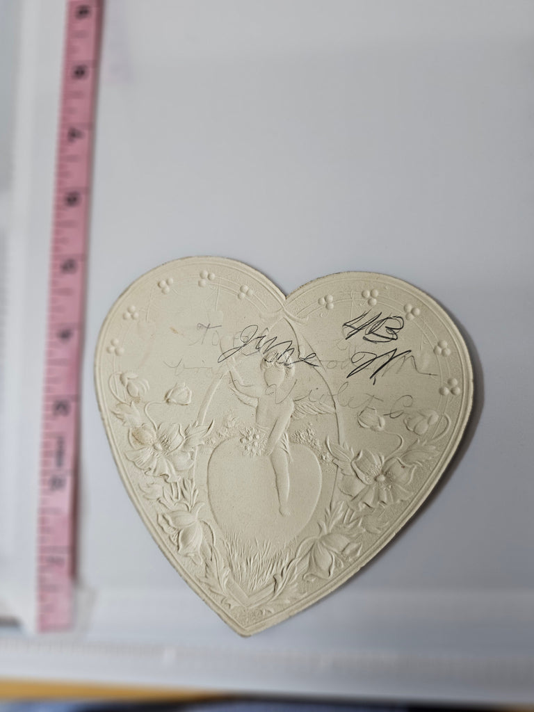 Antique Vintage Die Cut Valentine Card Heart Shaped Embossed Cupid Riding Red Heart Gold Trim