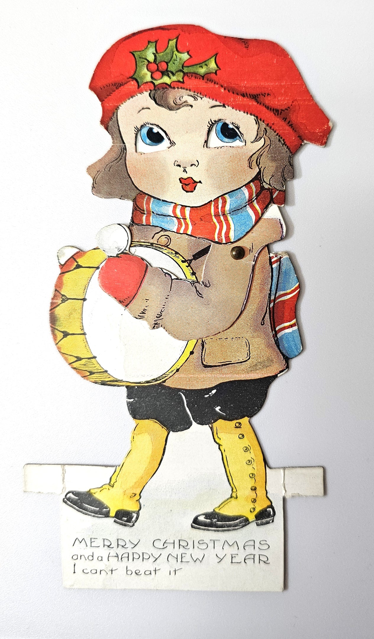 Vintage Merry Christmas & Happy New Year Mechanical Card Little Girl Playing Drums