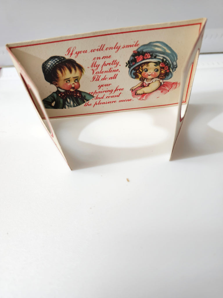 Vintage Die Cut Valentine Card Little Girl & Boy Portrait Framed in Hearts