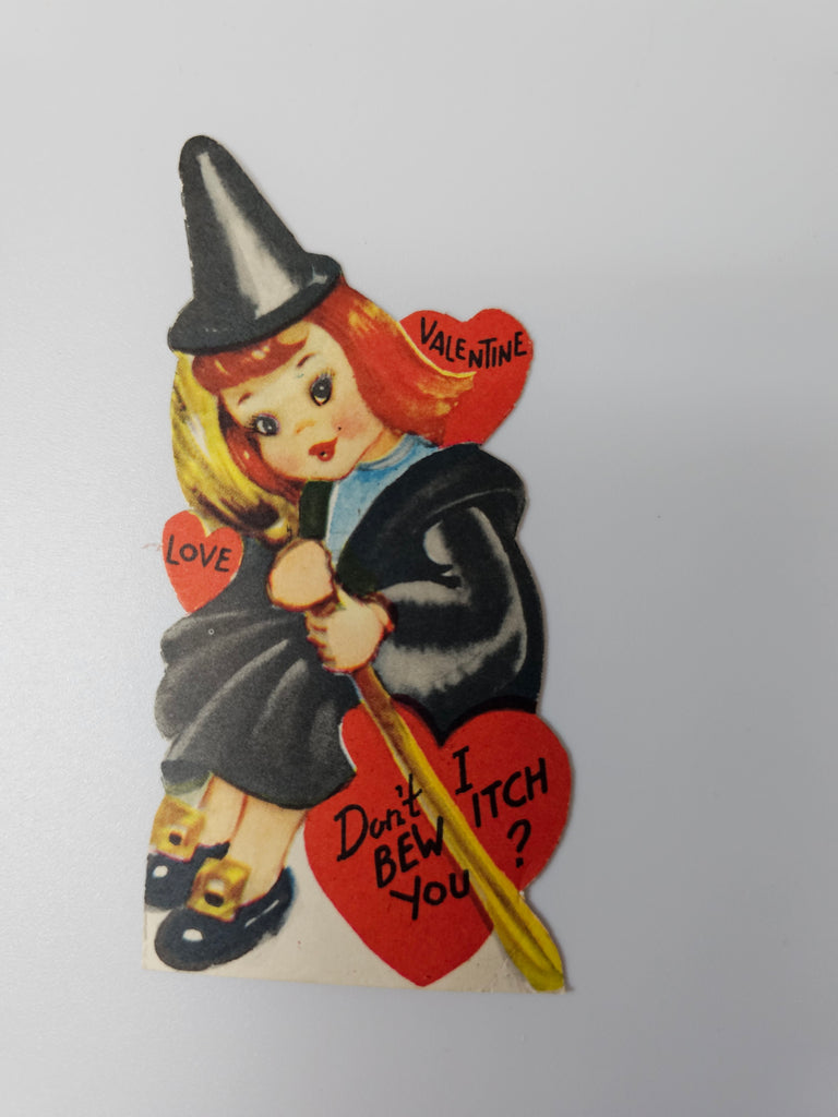 Rare Vintage Die Cut Valentine Card Crossover Halloween Little Witch Girl with Red Hair on Broom