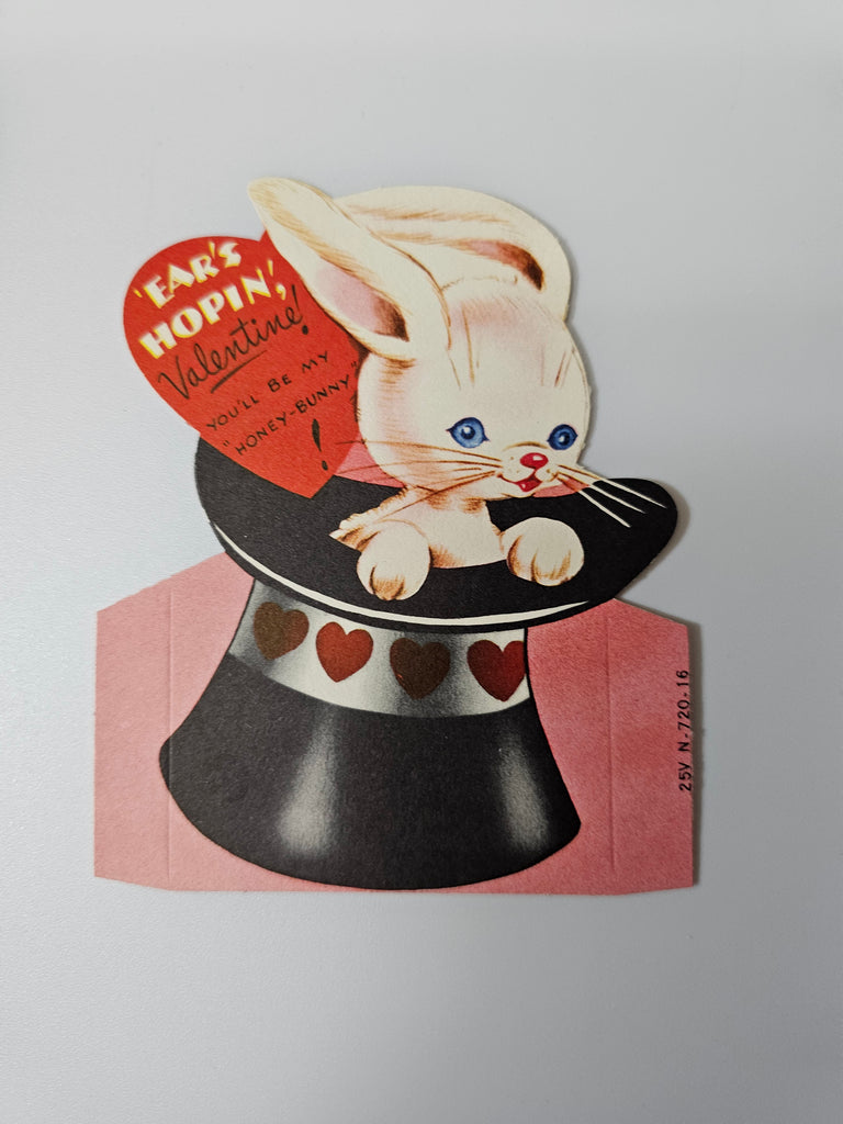 Antique Vintage Die Cut Valentine Card White Bunny Rabbit Riding in Magician's Hat