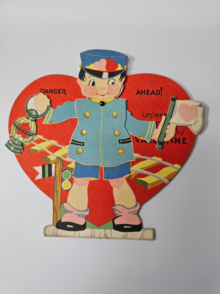 Antique Vintage Die Cut Mechanical Valentine Card Train Conductor Boy Holding Flag & Lantern
