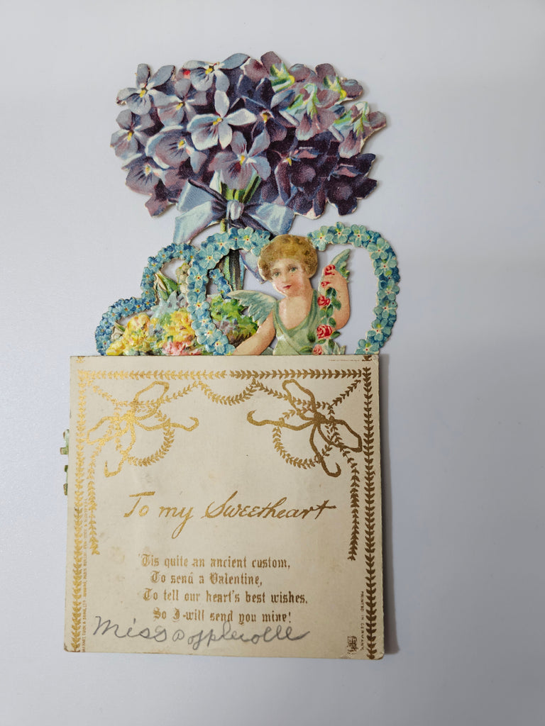 Antique Vintage Die Cut Valentine Card 3D Fold Down with Cupid Hearts and Flower Tree