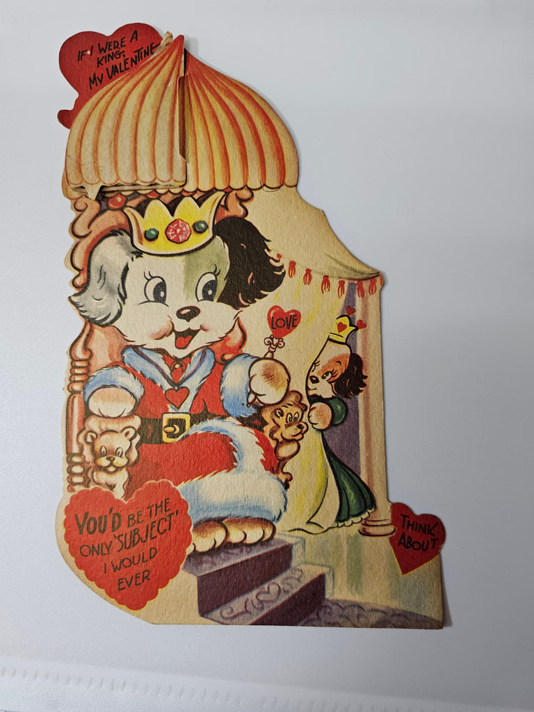 Vintage Antique Valentine Card Humanized Dog Crowned King Girl Queen Puppy Dog Behind Curtain Honeycomb Umbrella