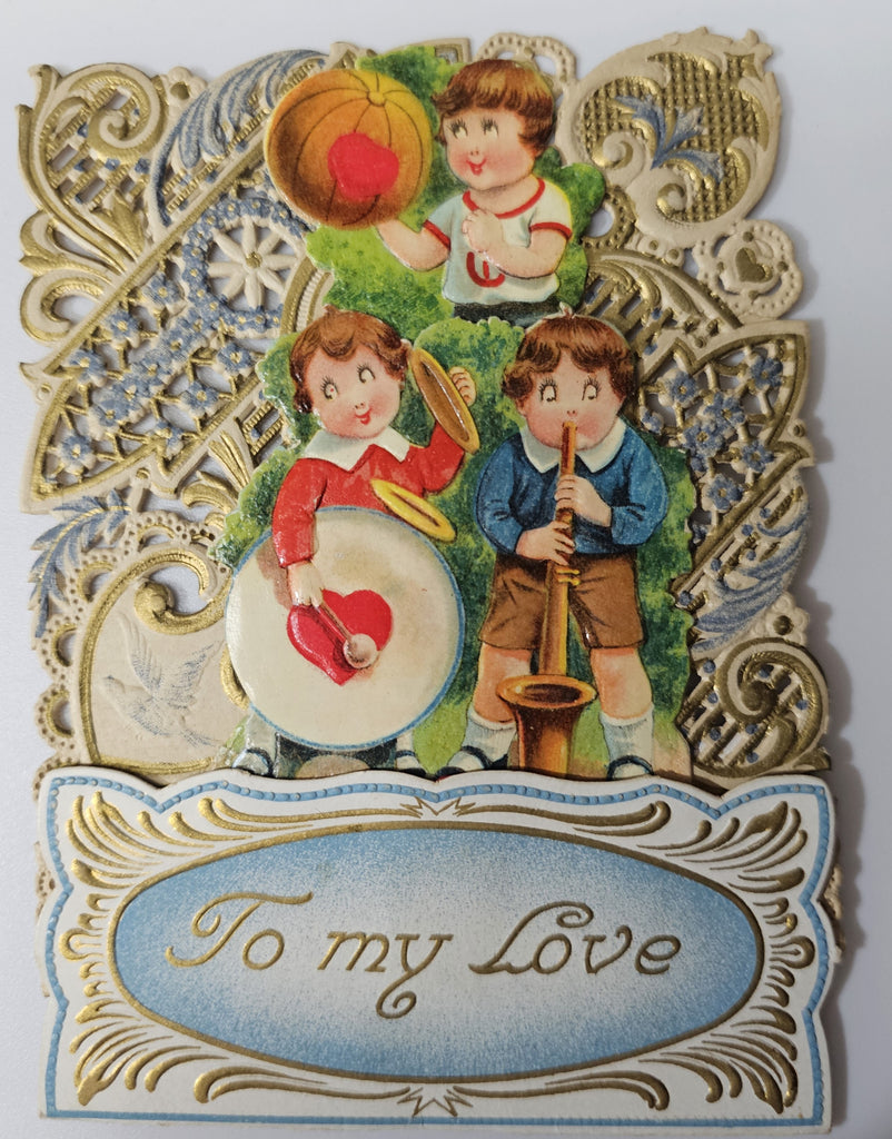 Vintage Antique Die Cut Valentine Card 3D Three Boys One Holding Basketball Two Playing Instruments Stand Up Honeycomb