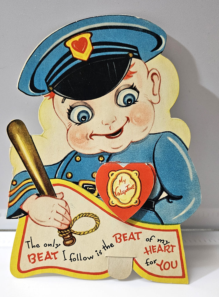 Antique Die Cut Mechanical Valentine Card Police Officer Lift Flap My Only Beat is My Heart Beat for You