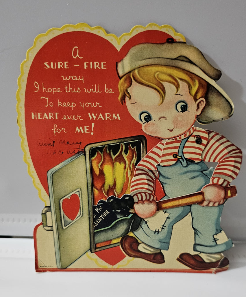 Antique Die Cut Antique Die Cut Mechanical Valentine Card Boy Shoveling Coal Into Burning Furnace