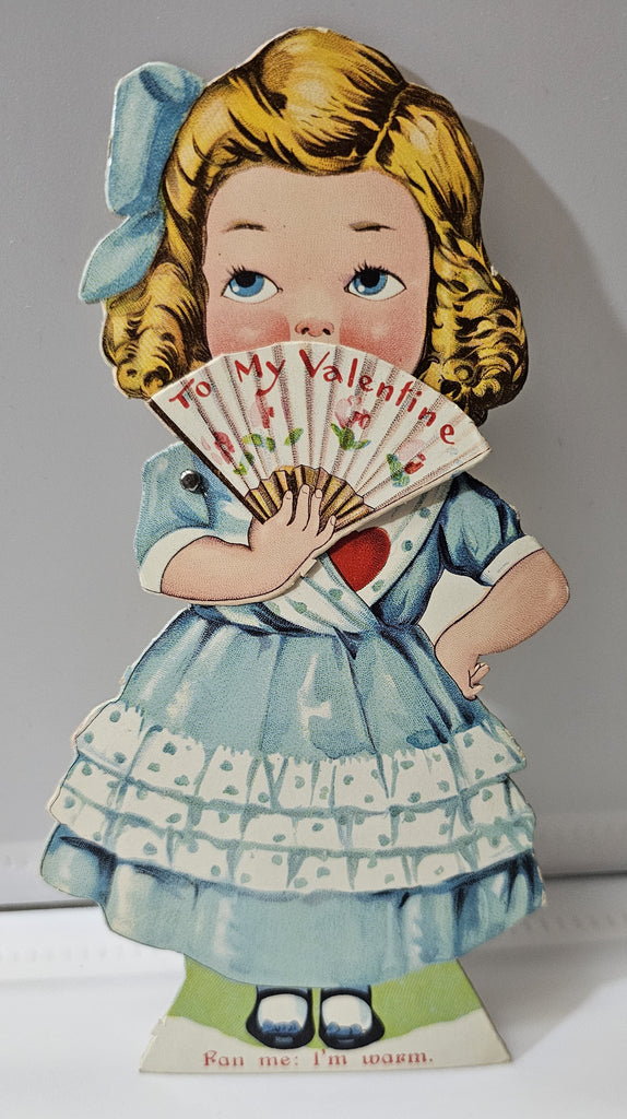 Antique Vintage Die cut Mechanical Valentine's Day Card Little Girl in Blue Dress Fan Me I'm Warm
