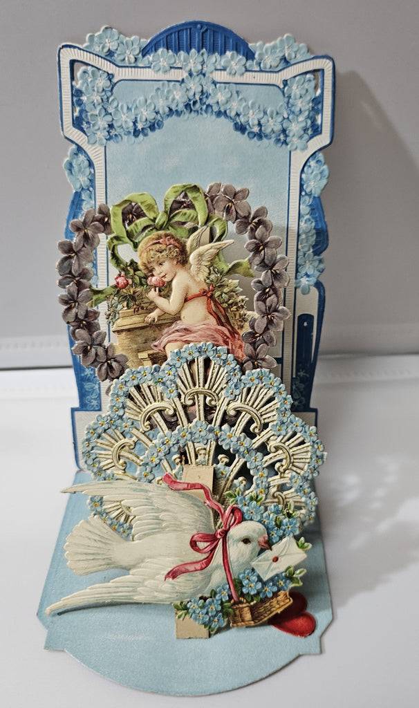 Antique Vintage Die cut 3D Fold Out Valentine Card Cupid with Flowers White Dove Hearts